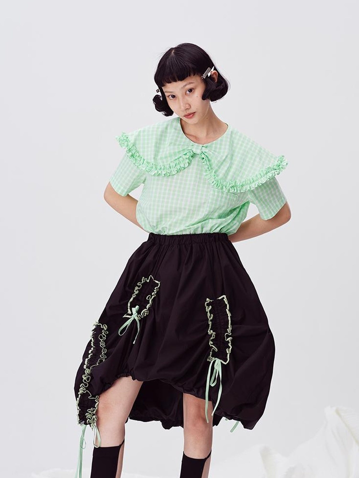 DIDDI MODA Floral Contrast Hem Asymmetrical Ruffle Midi Skirt
