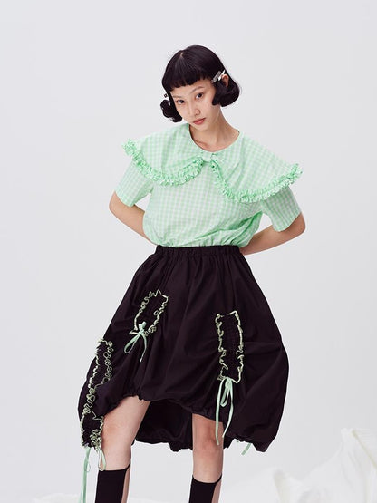 DIDDI MODA Floral Contrast Hem Asymmetrical Ruffle Midi Skirt