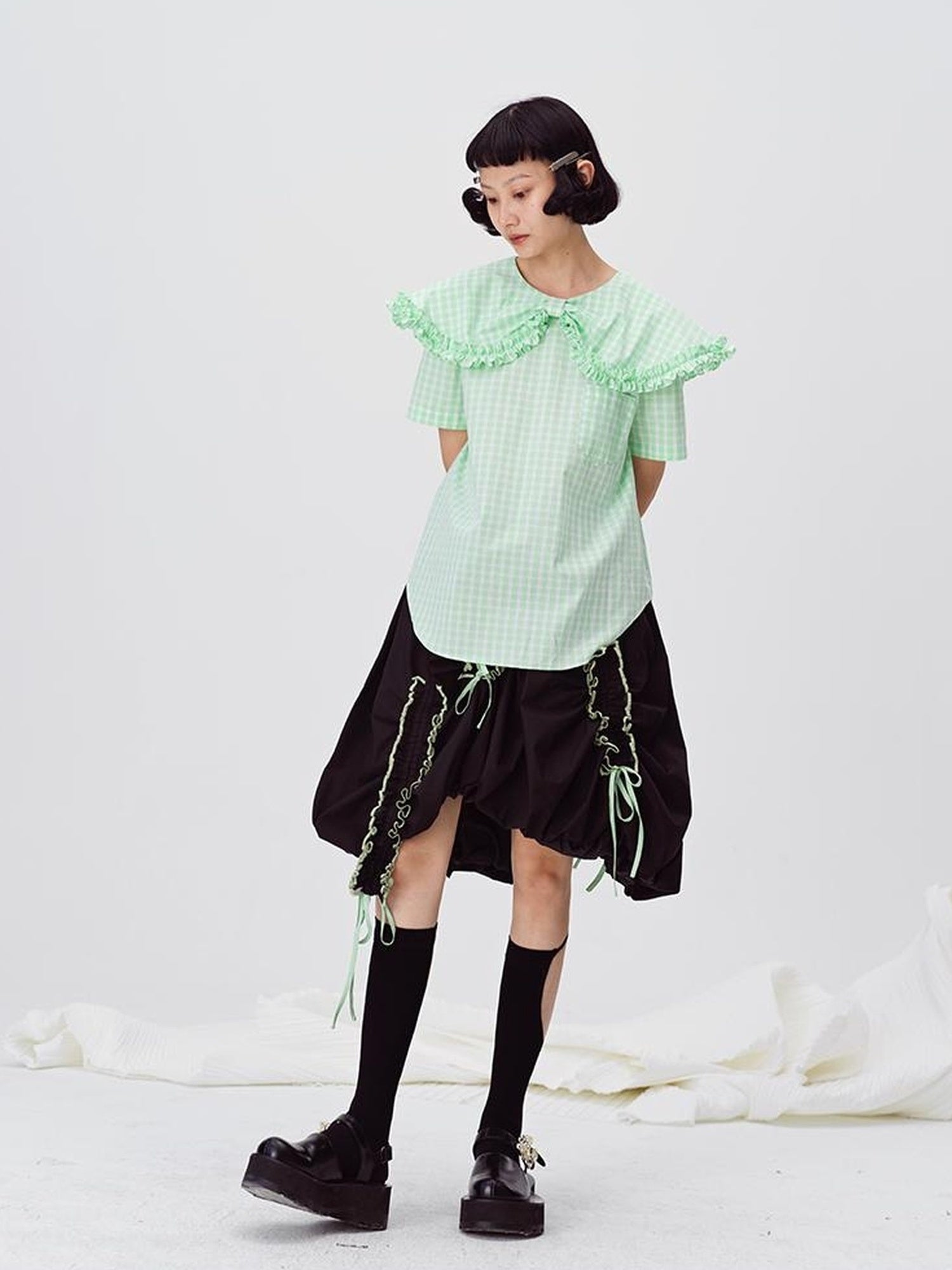 DIDDI MODA Floral Contrast Hem Asymmetrical Ruffle Midi Skirt