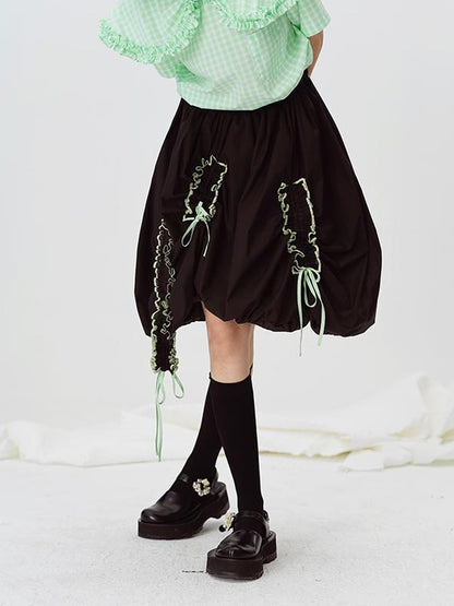 DIDDI MODA Floral Contrast Hem Asymmetrical Ruffle Midi Skirt
