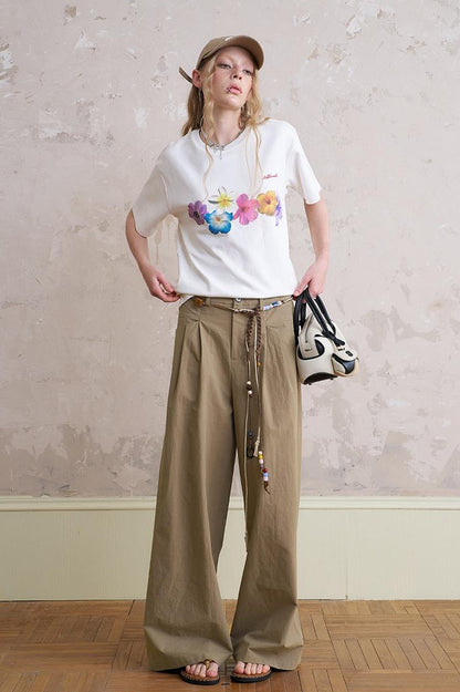 Floral Cutout Crop Top With Drawstring Waist Matching Shorts Pants Set