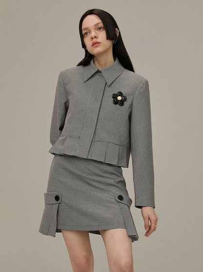 Floral Detachable Brooch Blazer Skirt Set