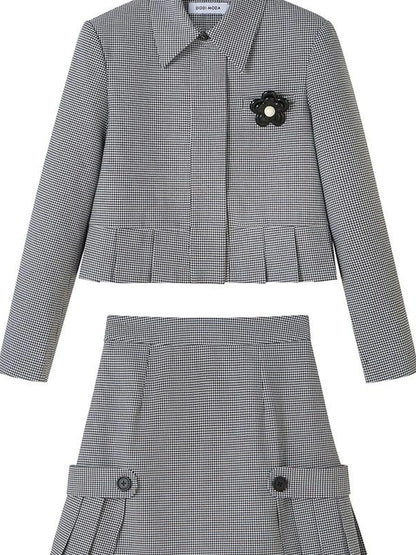 Floral Detachable Brooch Blazer Skirt Set