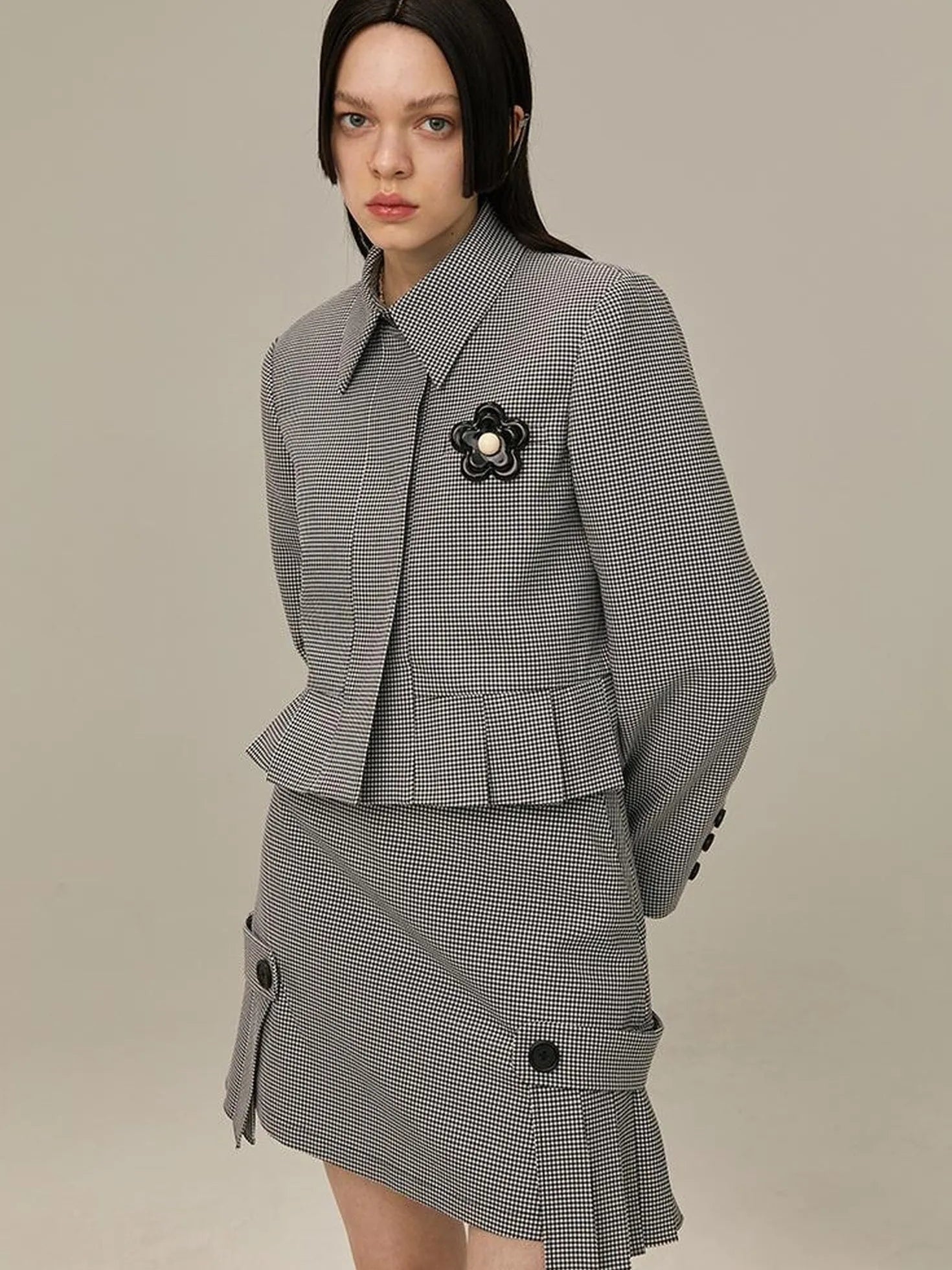 Floral Detachable Brooch Blazer Skirt Set