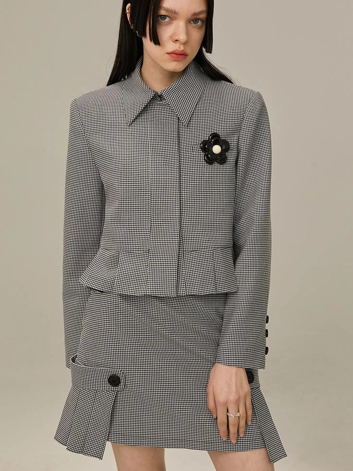 Floral Detachable Brooch Blazer Skirt Set