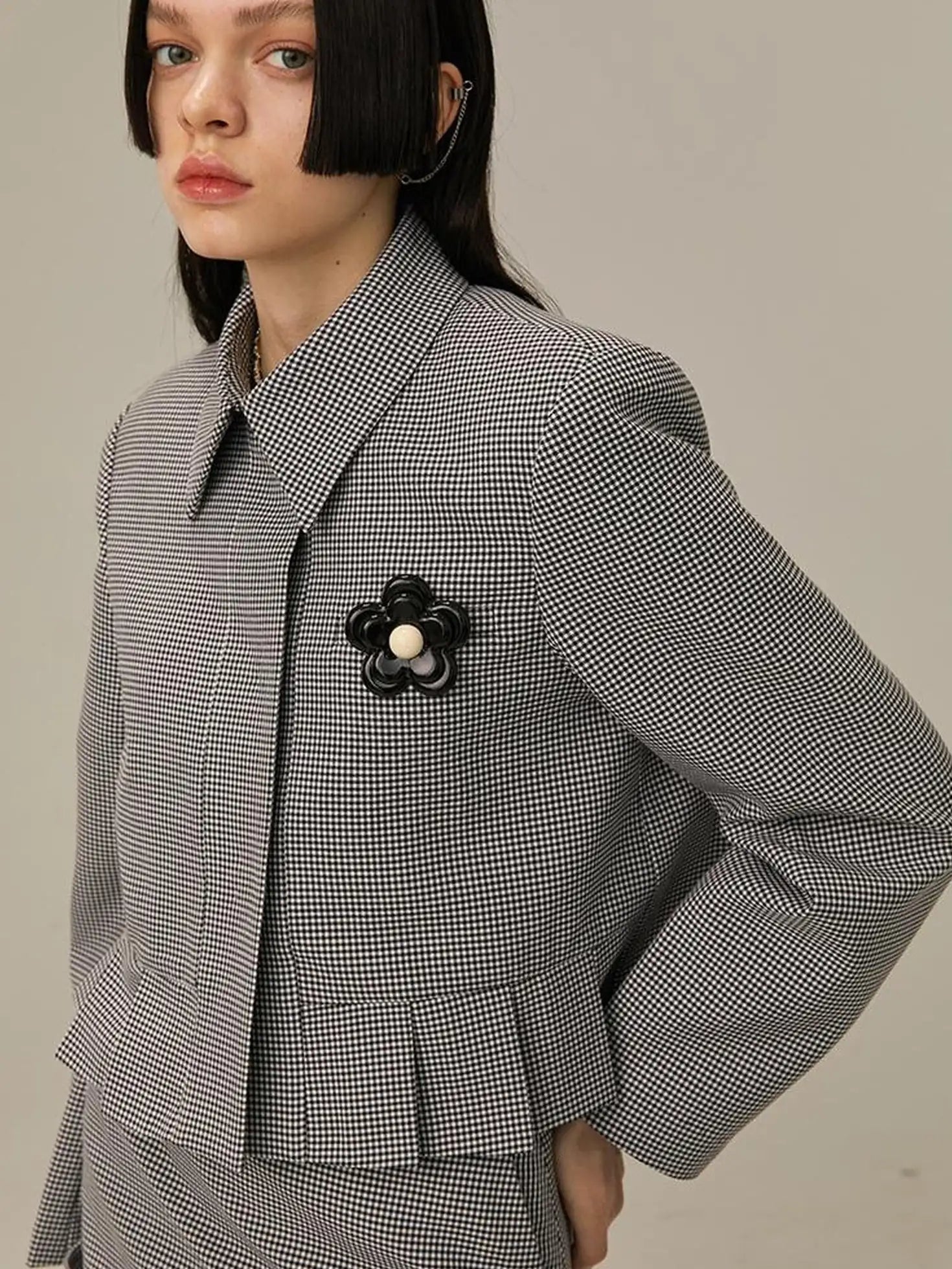 Floral Detachable Brooch Blazer Skirt Set