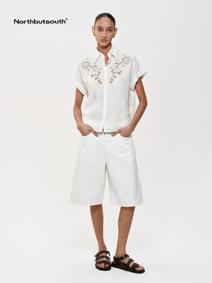 Floral Embroidered Loose Fit Hemp Shirt