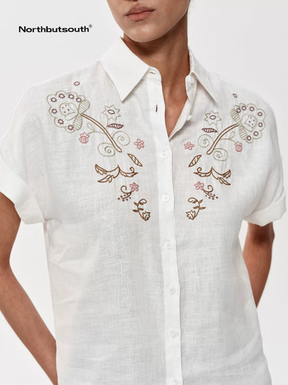 Floral Embroidered Loose Fit Hemp Shirt