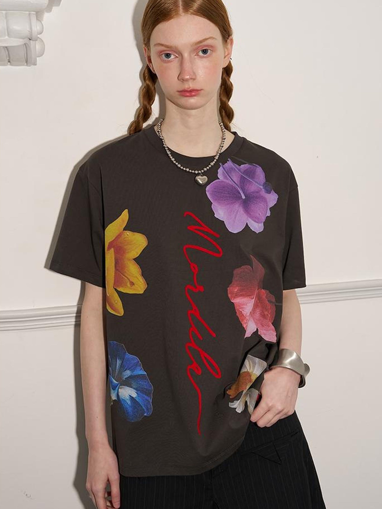 DIDDI MODA Floral Flock Abstract Letter Print Summer T Shirt