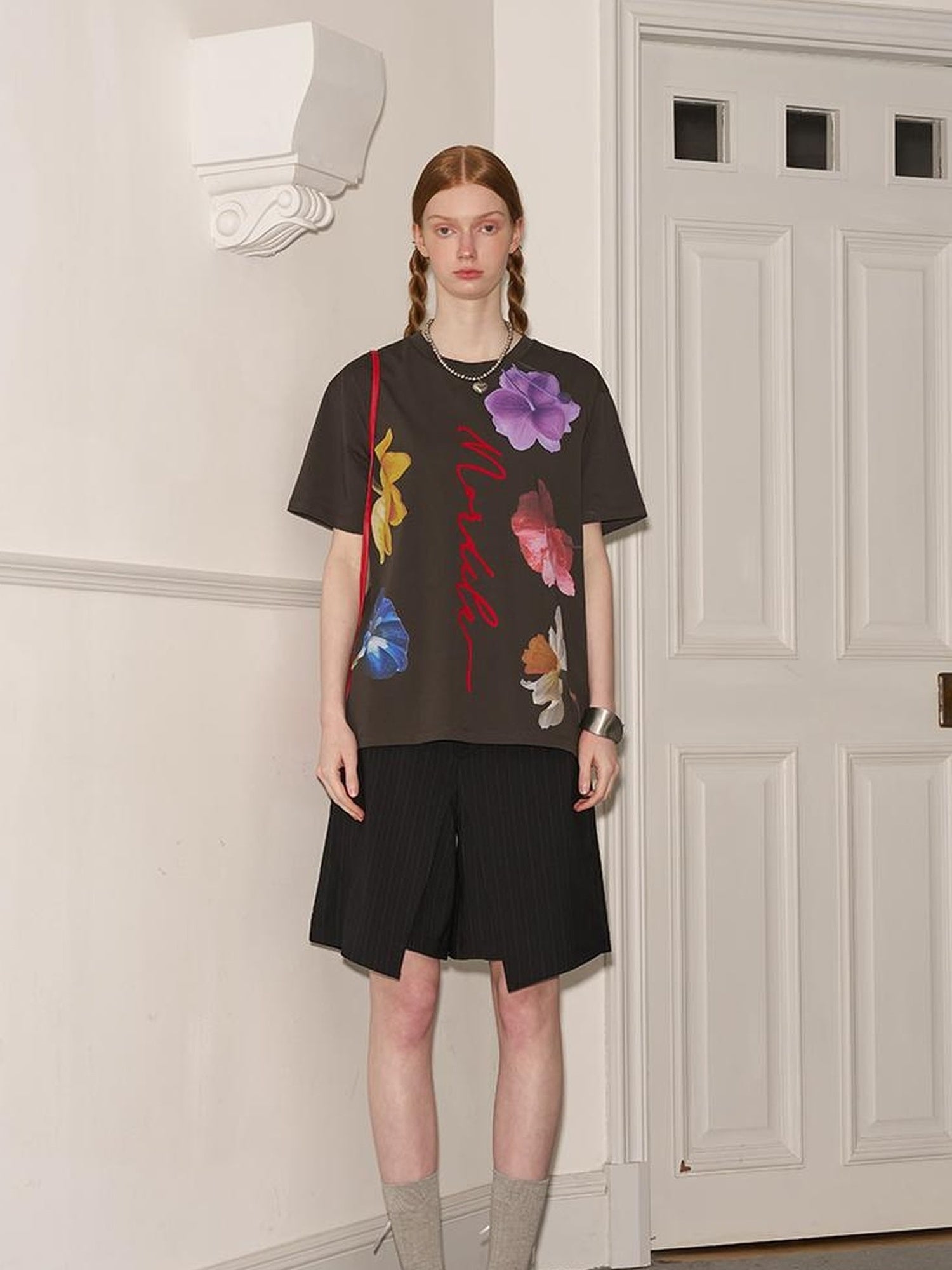 DIDDI MODA Floral Flock Abstract Letter Print Summer T Shirt