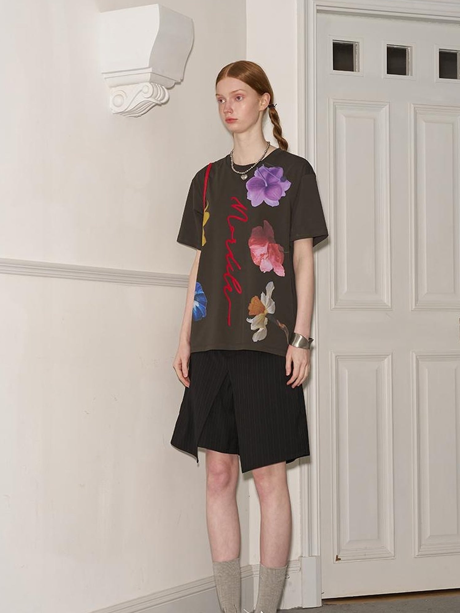 DIDDI MODA Floral Flock Abstract Letter Print Summer T Shirt