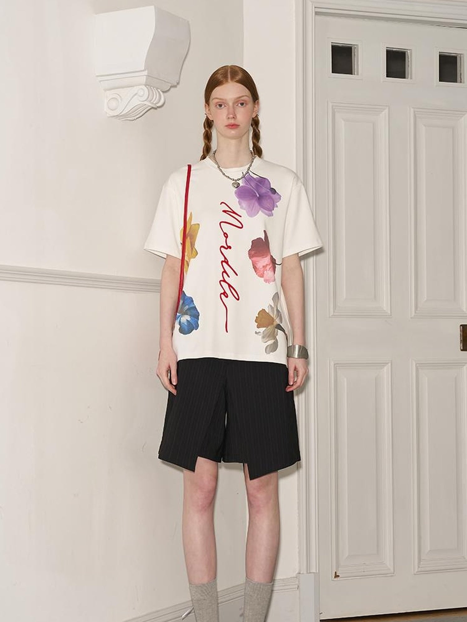 DIDDI MODA Floral Flock Abstract Letter Print Summer T Shirt