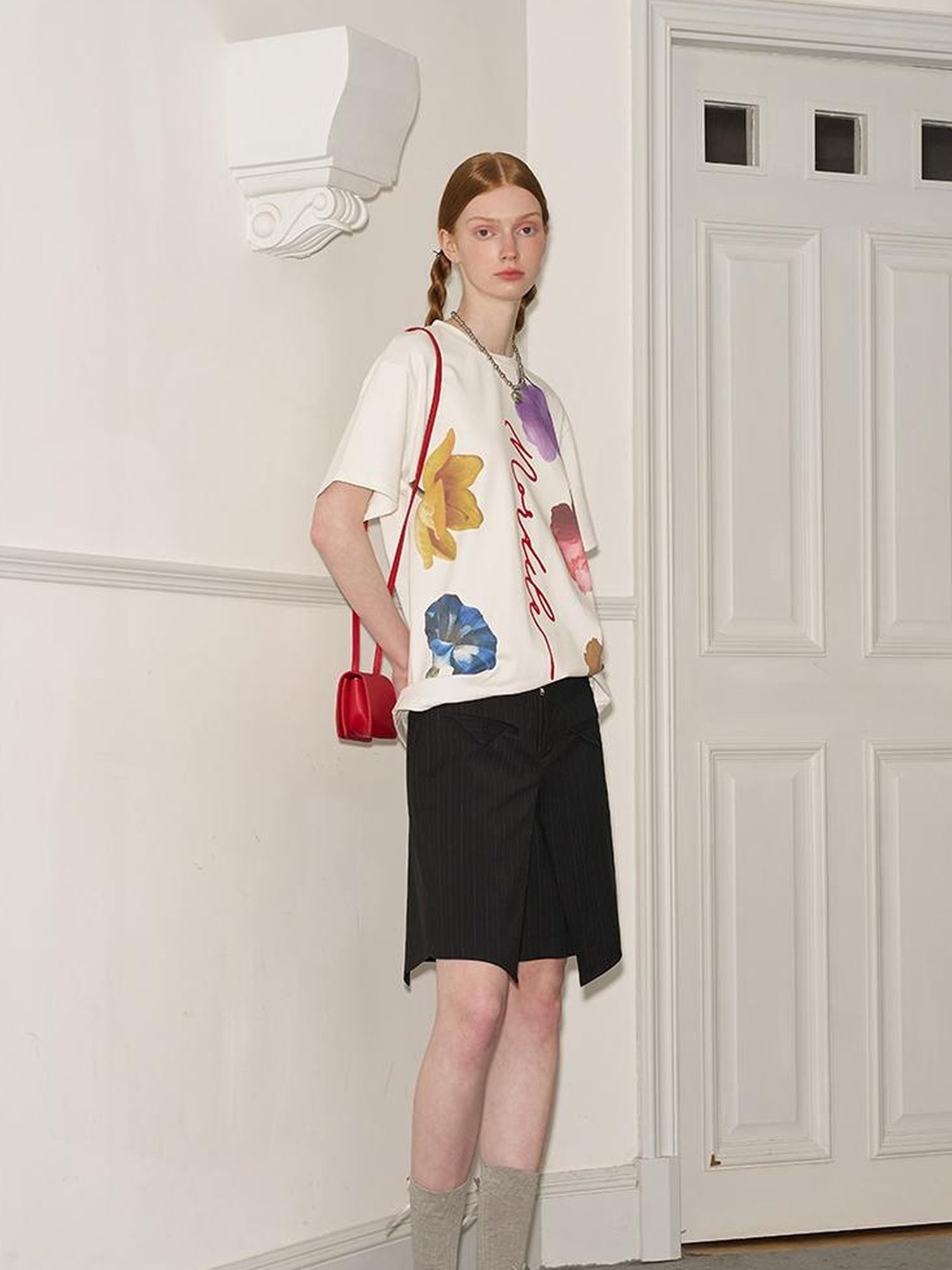 DIDDI MODA Floral Flock Abstract Letter Print Summer T Shirt