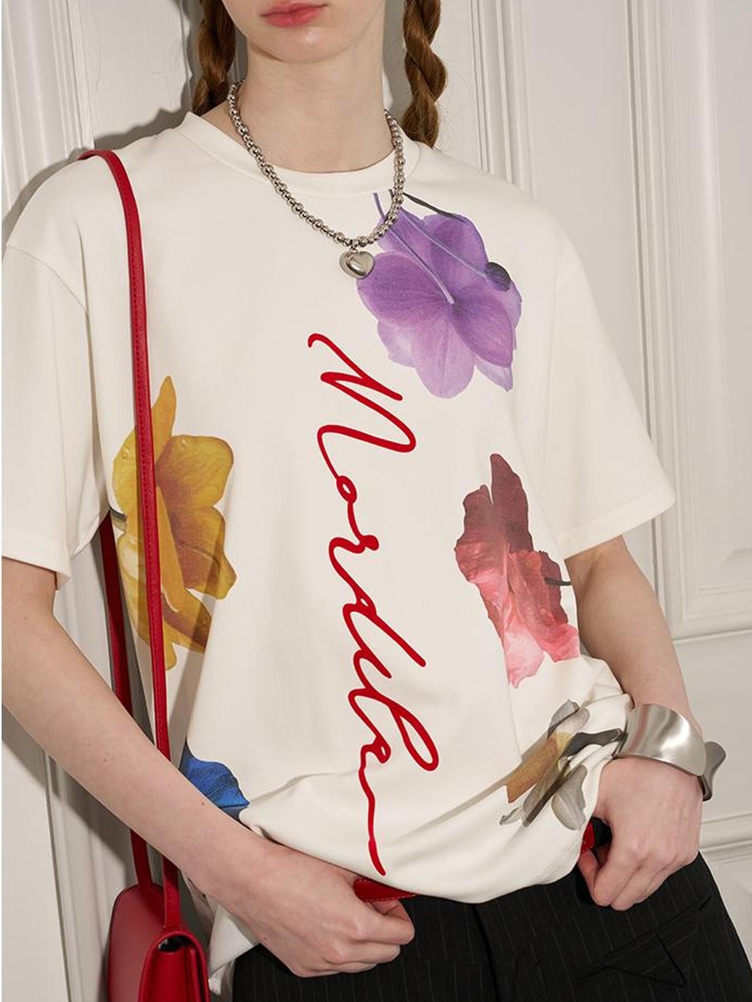 DIDDI MODA Floral Flock Abstract Letter Print Summer T Shirt