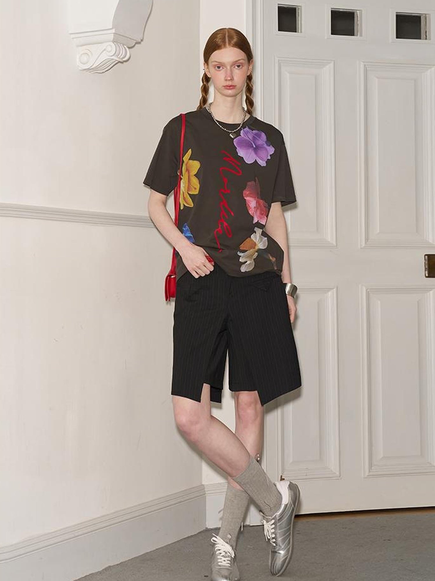 DIDDI MODA Floral Flock Abstract Letter Print Summer T Shirt