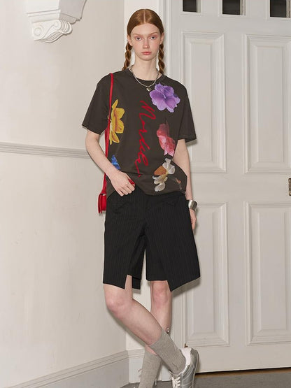 DIDDI MODA Floral Flock Abstract Letter Print Summer T Shirt