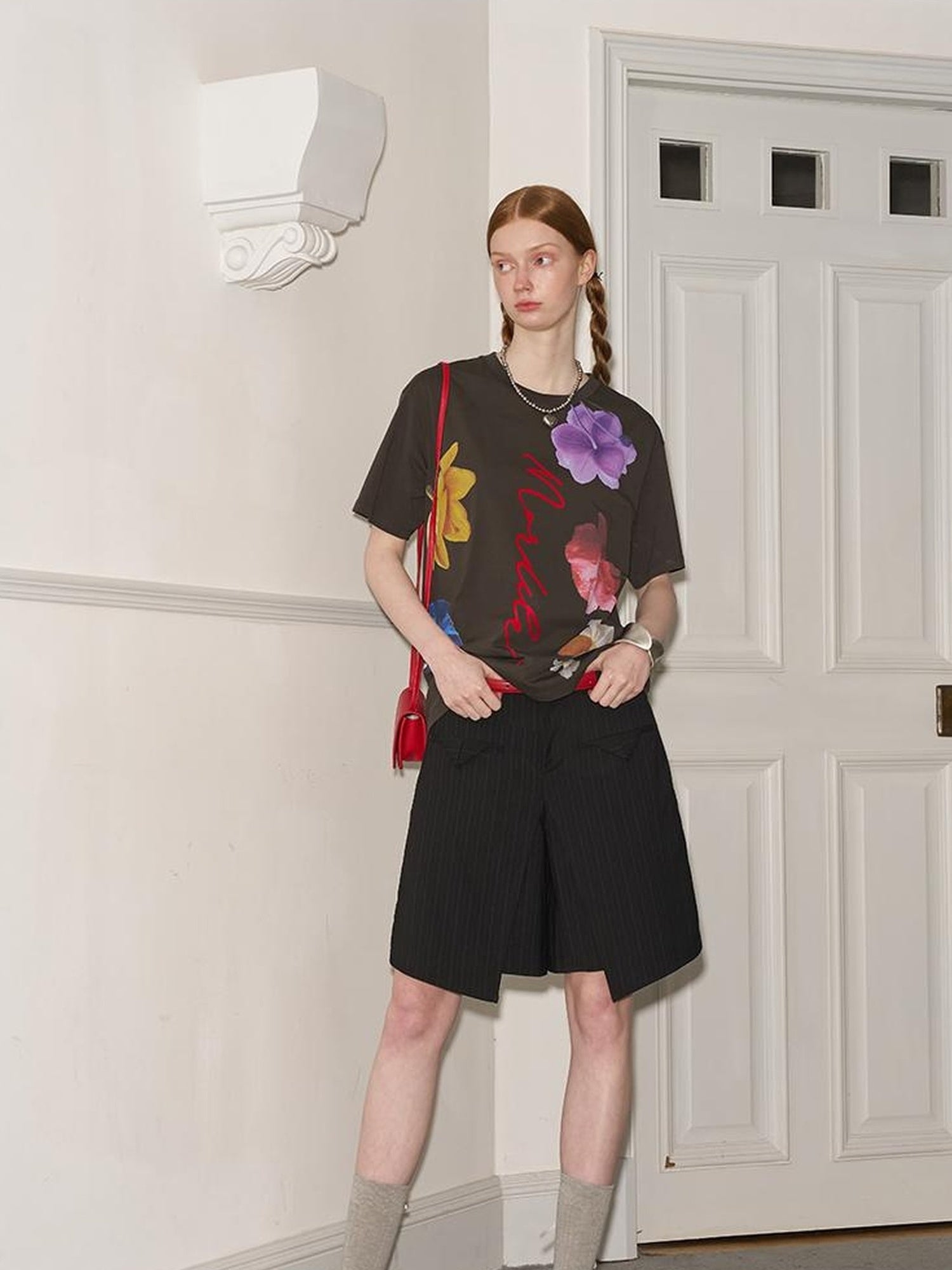 DIDDI MODA Floral Flock Abstract Letter Print Summer T Shirt