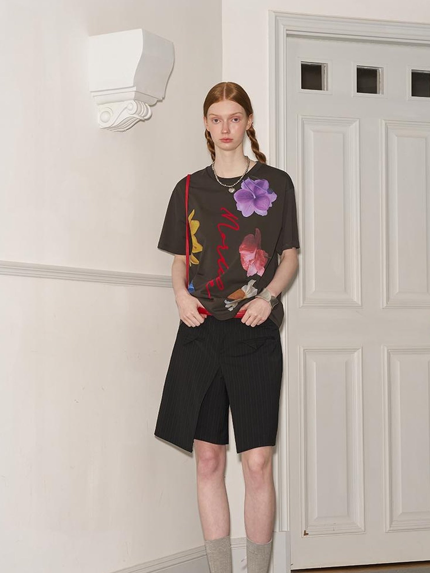 DIDDI MODA Floral Flock Abstract Letter Print Summer T Shirt
