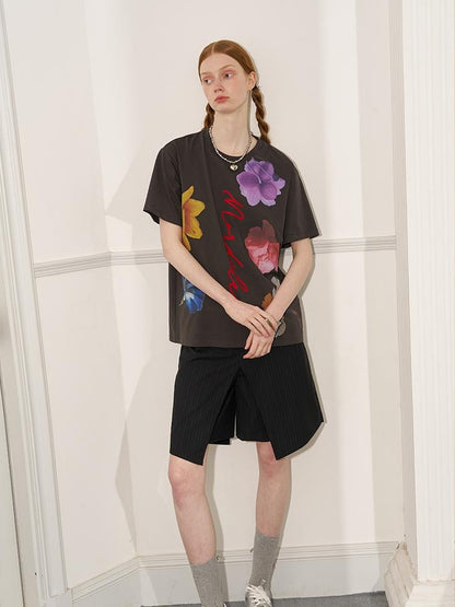 DIDDI MODA Floral Flock Abstract Letter Print Summer T Shirt