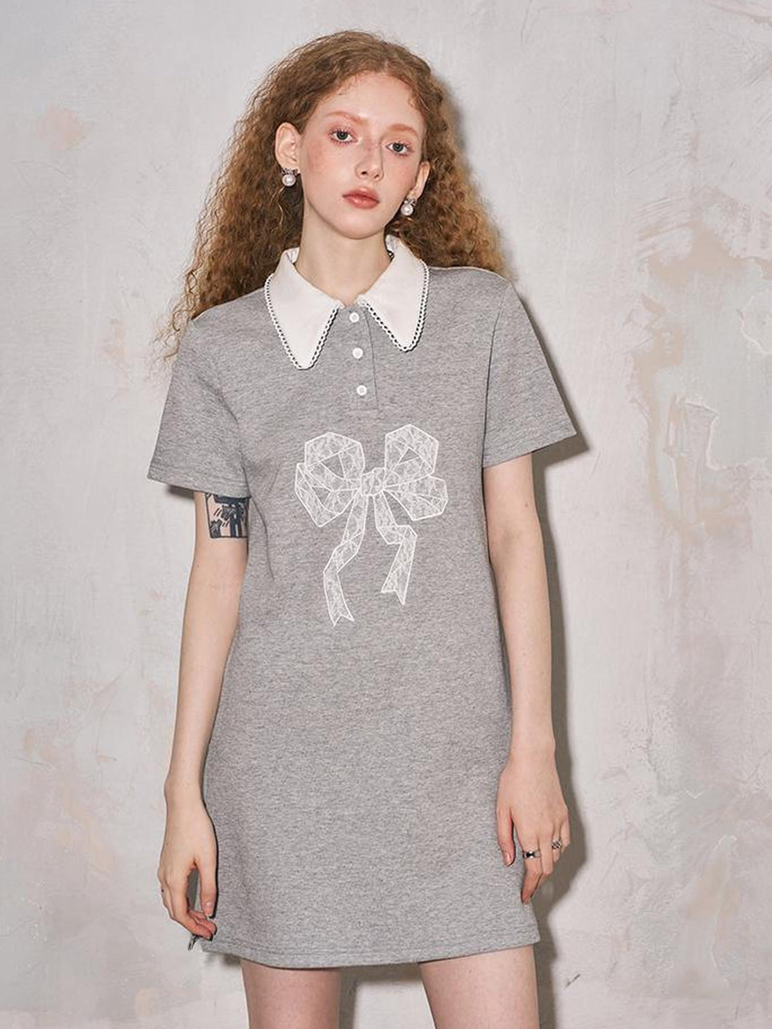 DIDDI MODA Floral Lace Bow Polo Collar Summer Dress