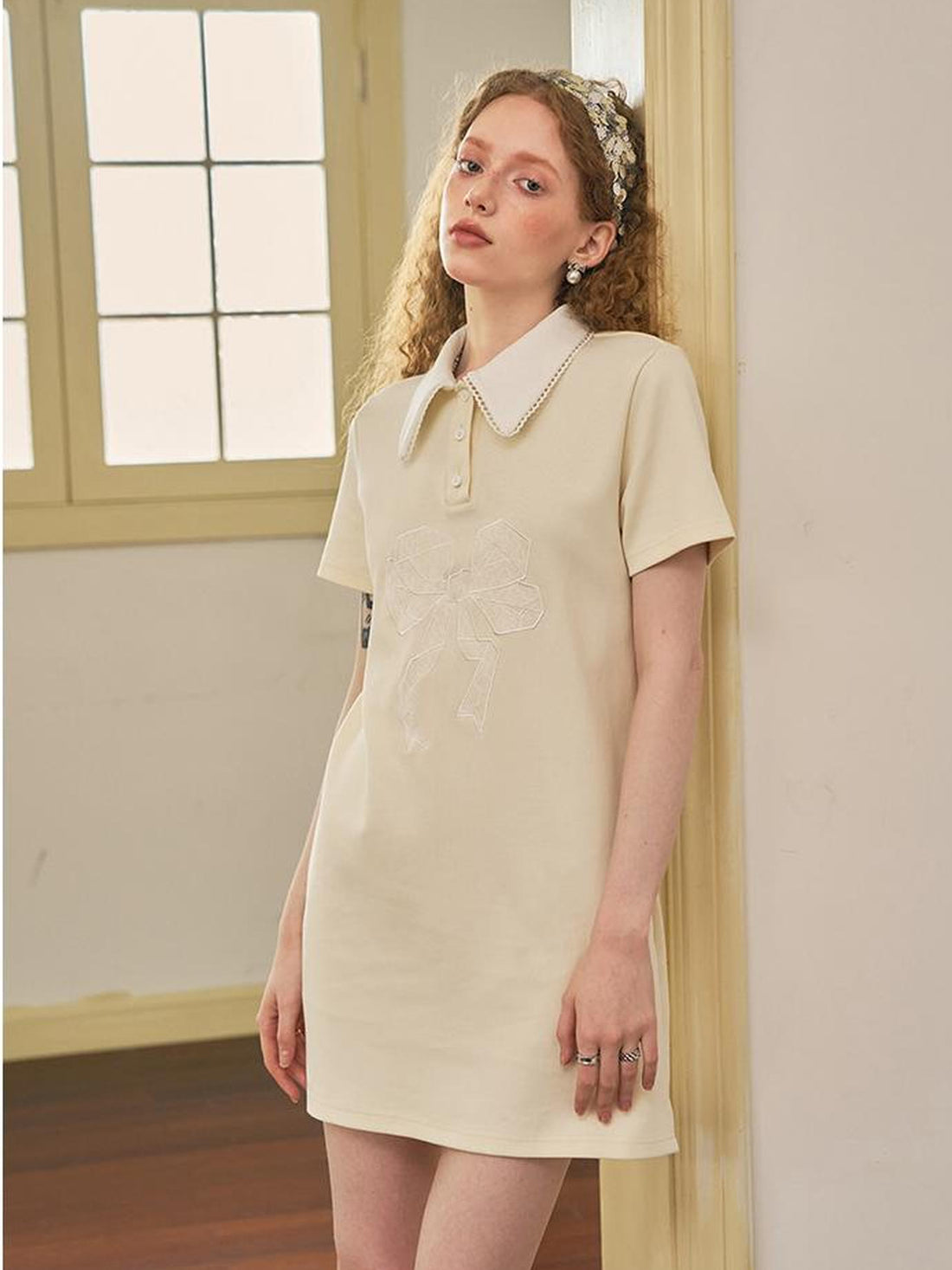 DIDDI MODA Floral Lace Bow Polo Collar Summer Dress