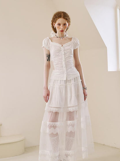 DIDDI MODA Floral Lace Layered Ankle Skirt With Sheer Mesh Trim