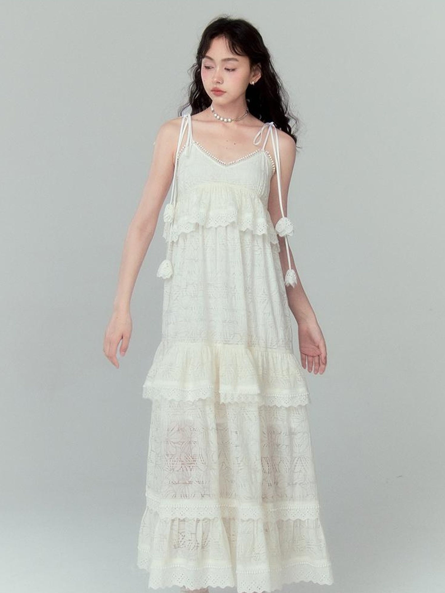 DIDDI MODA Floral Lace Tiered Bell Dress For Vacation