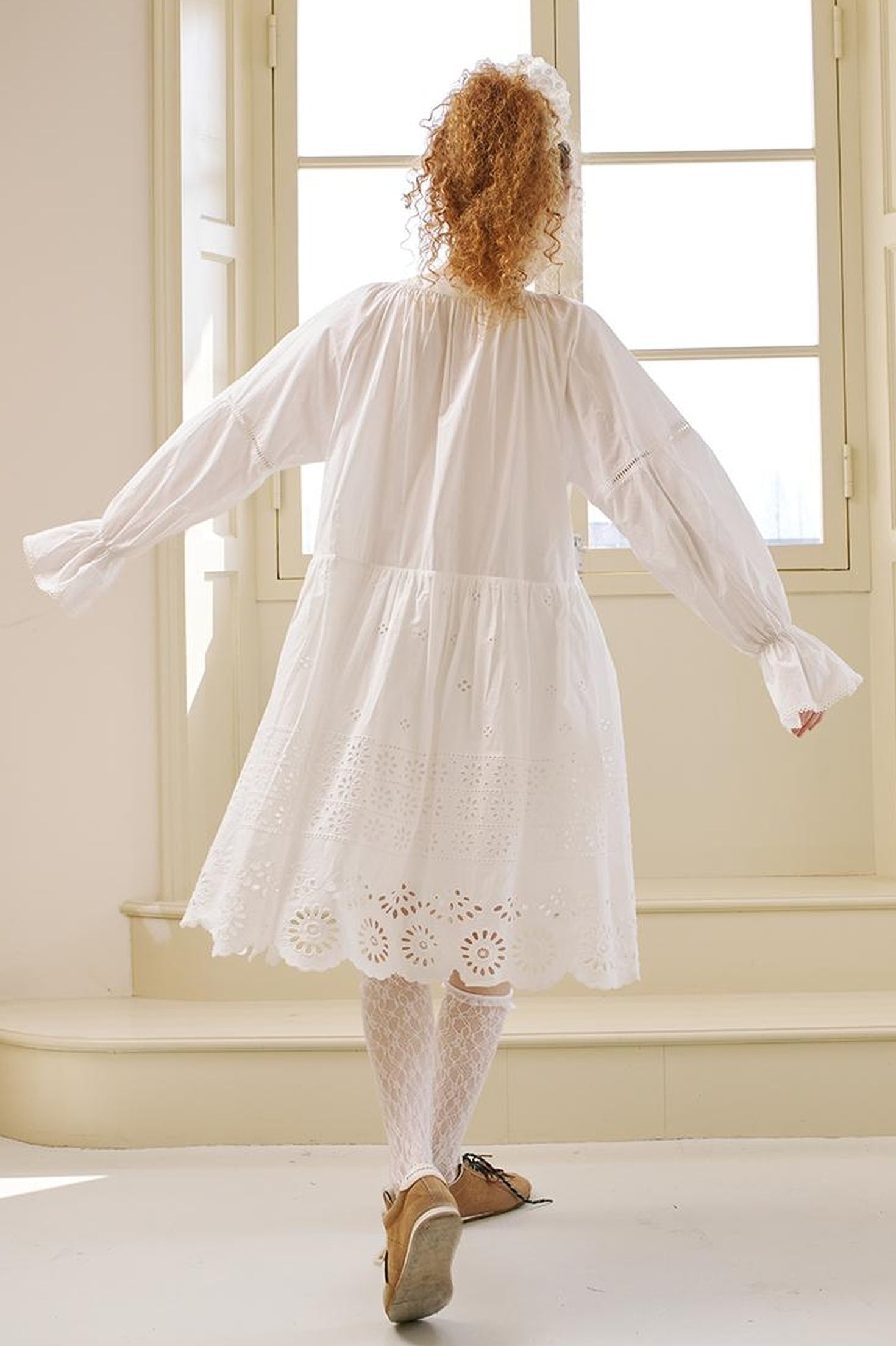 DIDDI MODA Floral Lace Trim Embroidered Shirt Dress