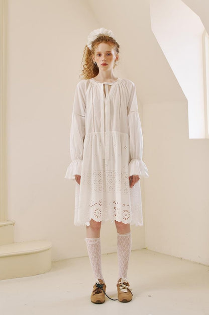 DIDDI MODA Floral Lace Trim Embroidered Shirt Dress