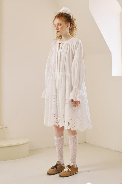 DIDDI MODA Floral Lace Trim Embroidered Shirt Dress