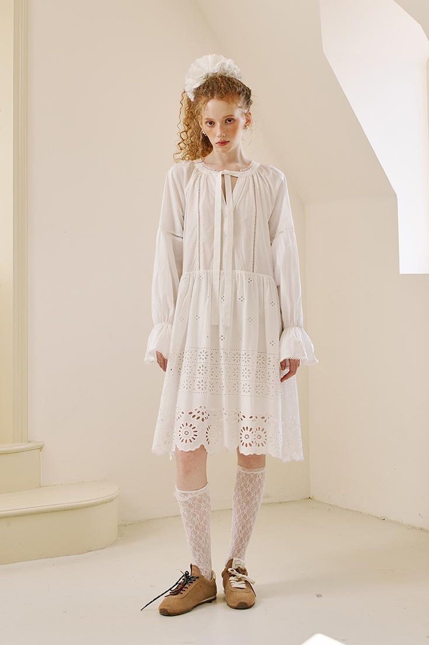 DIDDI MODA Floral Lace Trim Embroidered Shirt Dress
