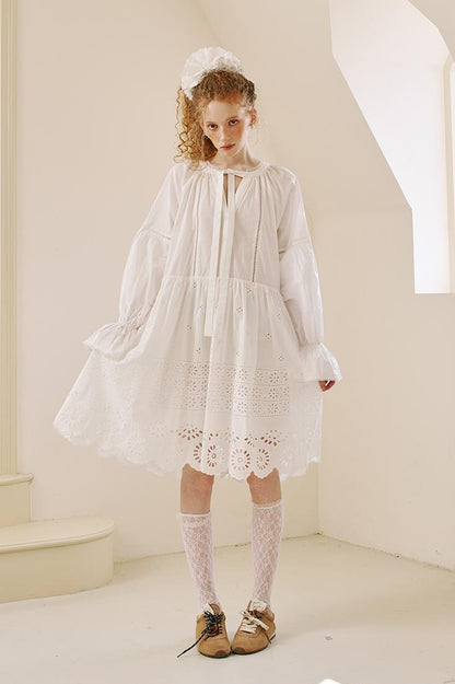 DIDDI MODA Floral Lace Trim Embroidered Shirt Dress