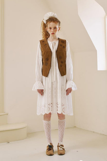 DIDDI MODA Floral Lace Trim Embroidered Shirt Dress