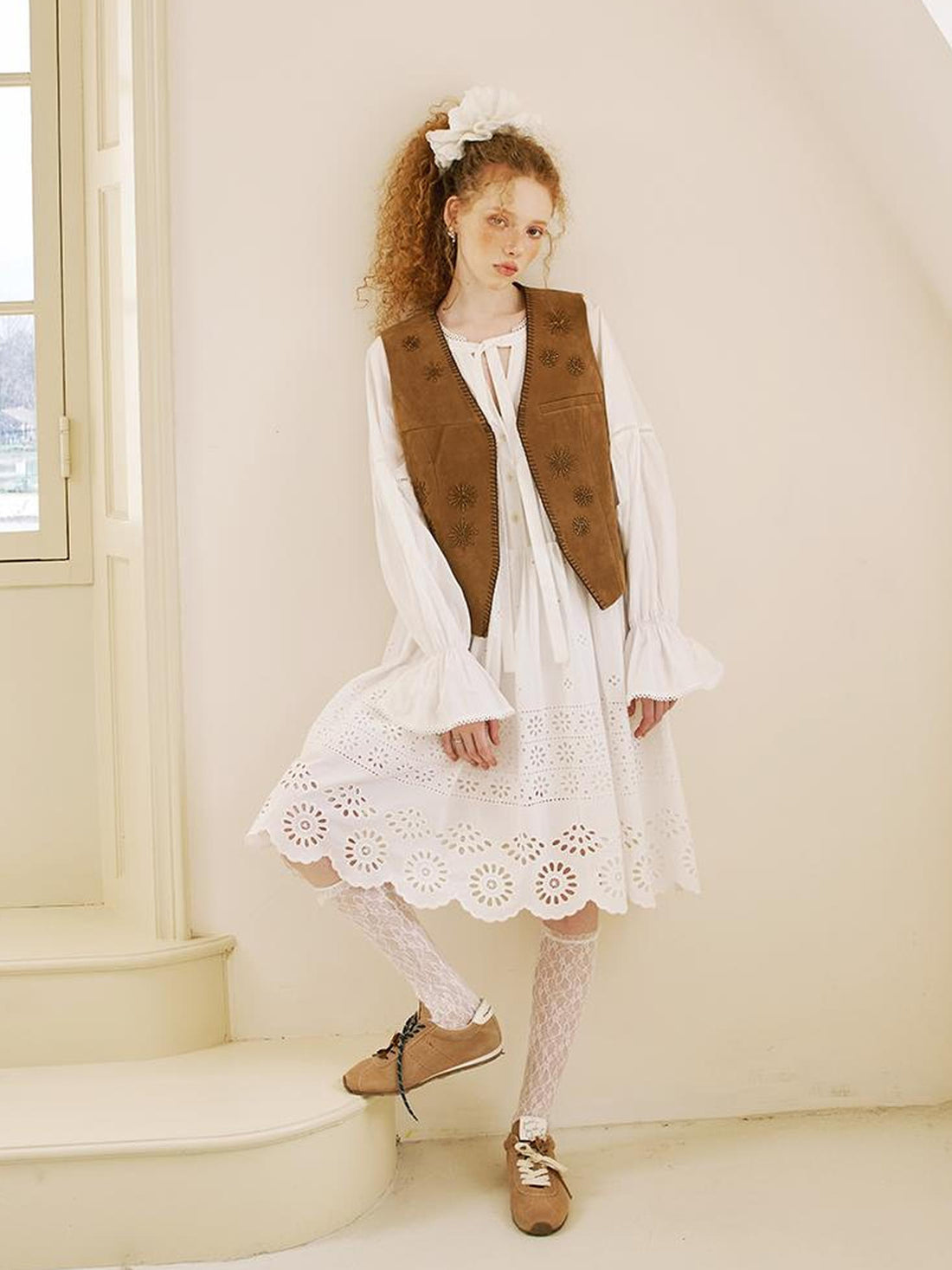 DIDDI MODA Floral Lace Trim Embroidered Shirt Dress