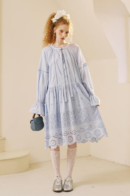 DIDDI MODA Floral Lace Trim Embroidered Shirt Dress