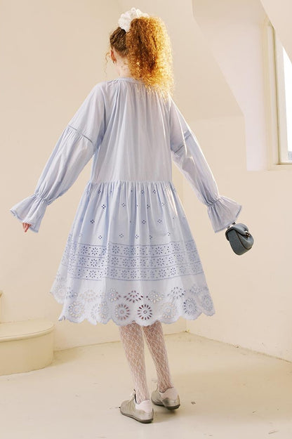 DIDDI MODA Floral Lace Trim Embroidered Shirt Dress