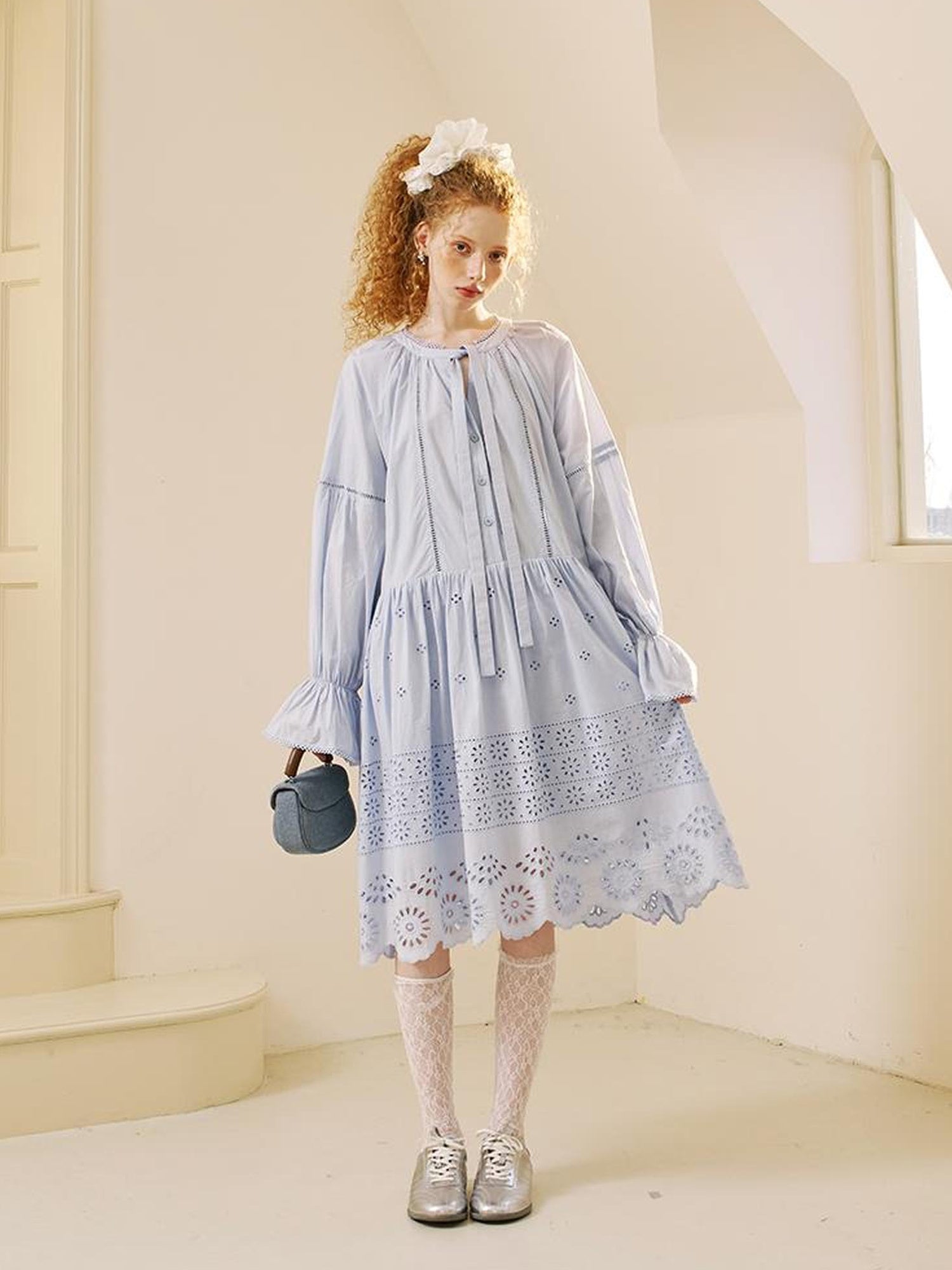 DIDDI MODA Floral Lace Trim Embroidered Shirt Dress