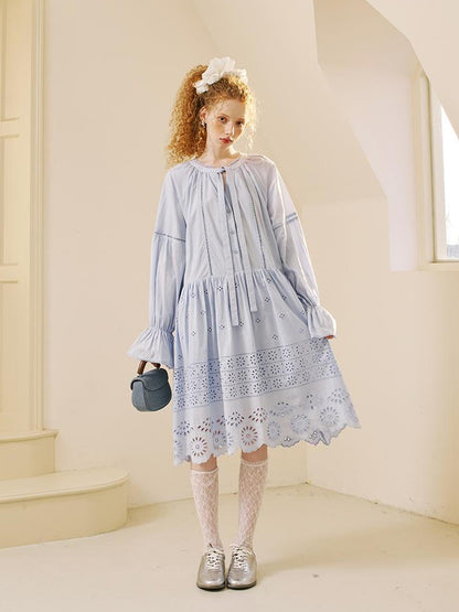 DIDDI MODA Floral Lace Trim Embroidered Shirt Dress