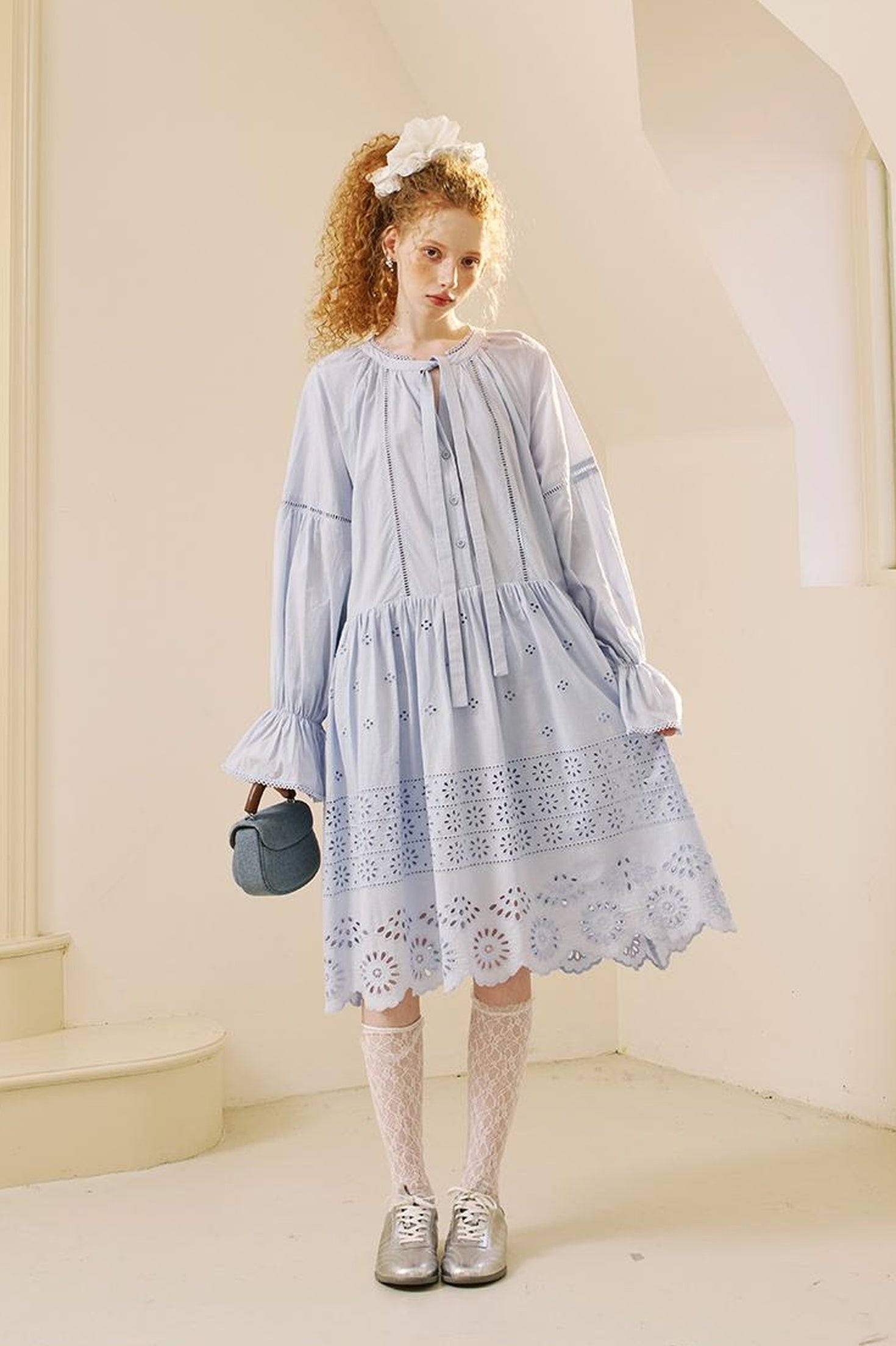 DIDDI MODA Floral Lace Trim Embroidered Shirt Dress