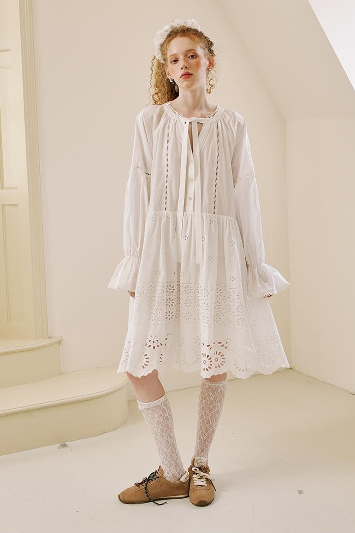 DIDDI MODA Floral Lace Trim Embroidered Shirt Dress