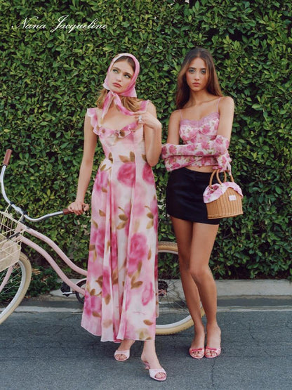 Floral Lace Trim Halter Maxi Dress With Scarf Dresses