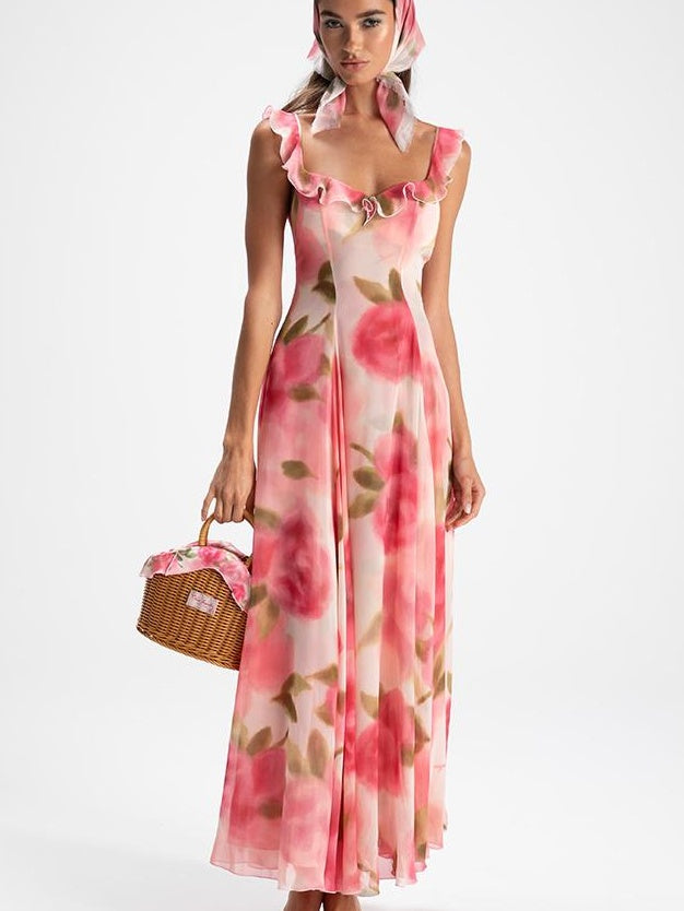 Floral Lace Trim Halter Maxi Dress With Scarf Dresses
