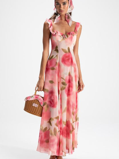 Floral Lace Trim Halter Maxi Dress With Scarf Dresses