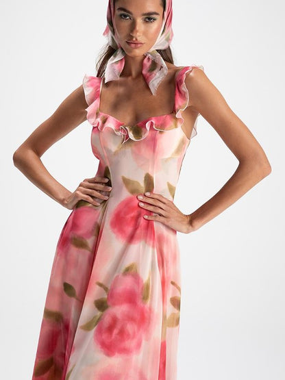 Floral Lace Trim Halter Maxi Dress With Scarf Dresses
