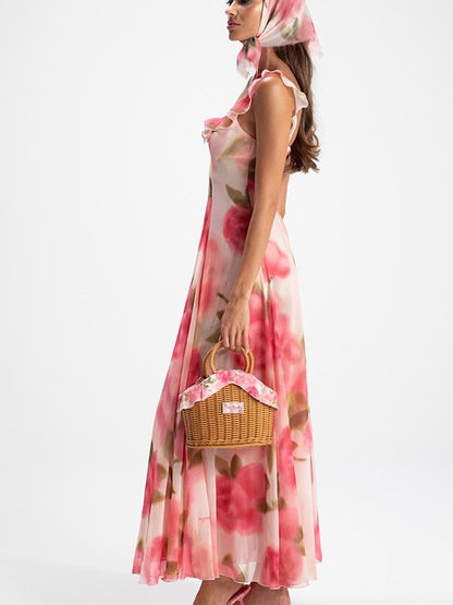 Floral Lace Trim Halter Maxi Dress With Scarf Dresses