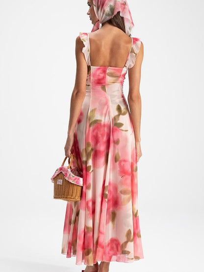 Floral Lace Trim Halter Maxi Dress With Scarf Dresses