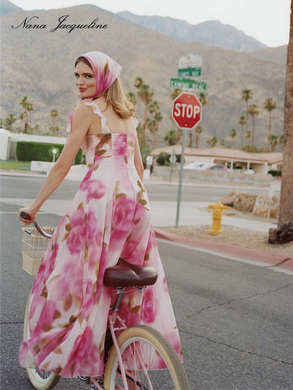 Floral Lace Trim Halter Maxi Dress With Scarf Dresses