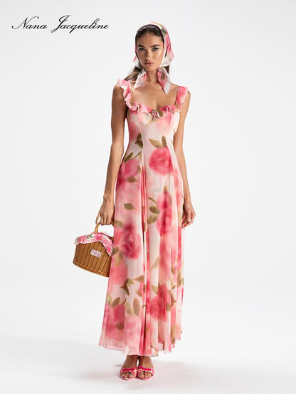 Floral Lace Trim Halter Maxi Dress With Scarf Dresses
