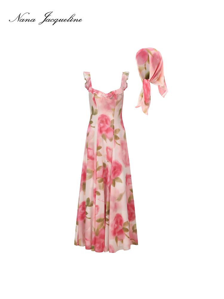 Floral Lace Trim Halter Maxi Dress With Scarf Dresses