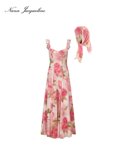 Floral Lace Trim Halter Maxi Dress With Scarf Dresses